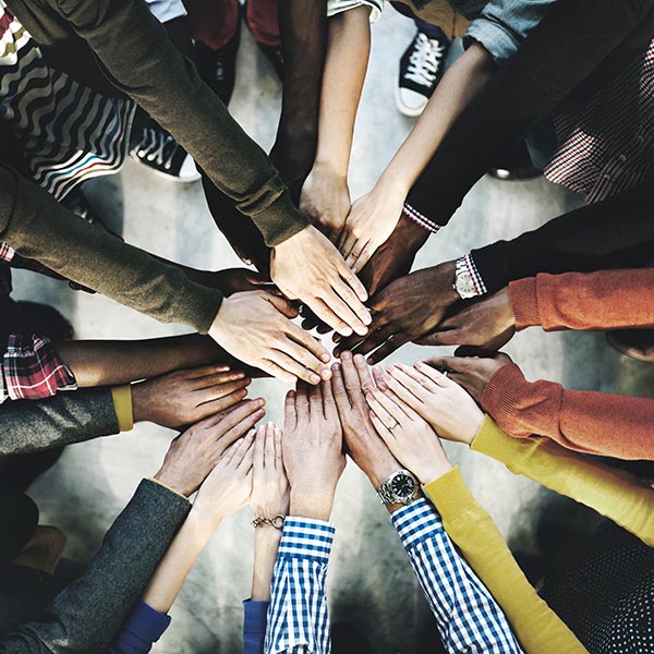 A diverse group of business people's hands in a circle together.